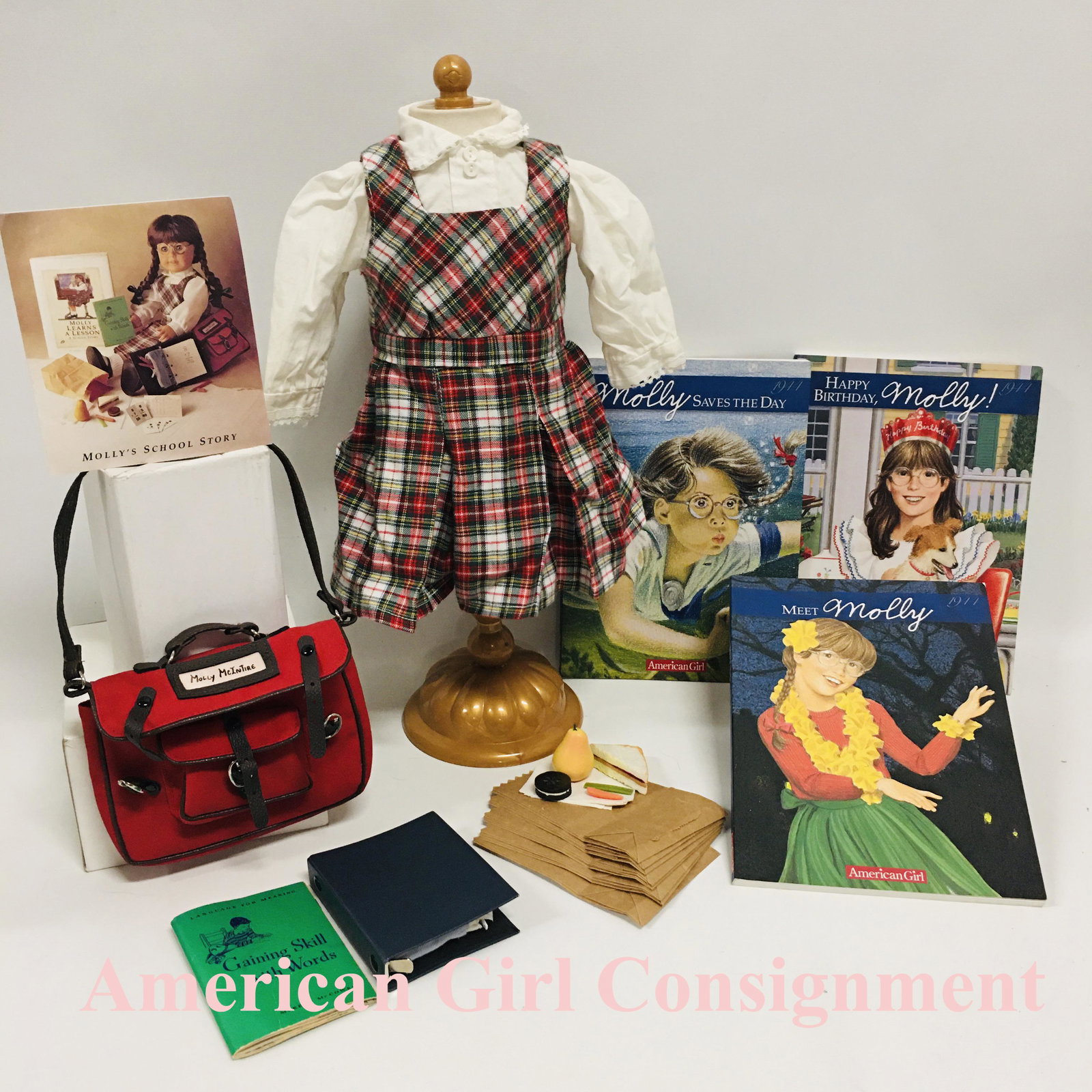 American Girl Doll Molly School Bag, School Dress and Books: American Girl Doll Molly School Bag, School Dress and Books ------------------ please review all pictures carefully because they are part of the description and show condition issues if any ----------