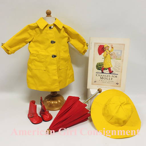 American Girl Doll Molly Yellow Raincoat And Umbrella Set