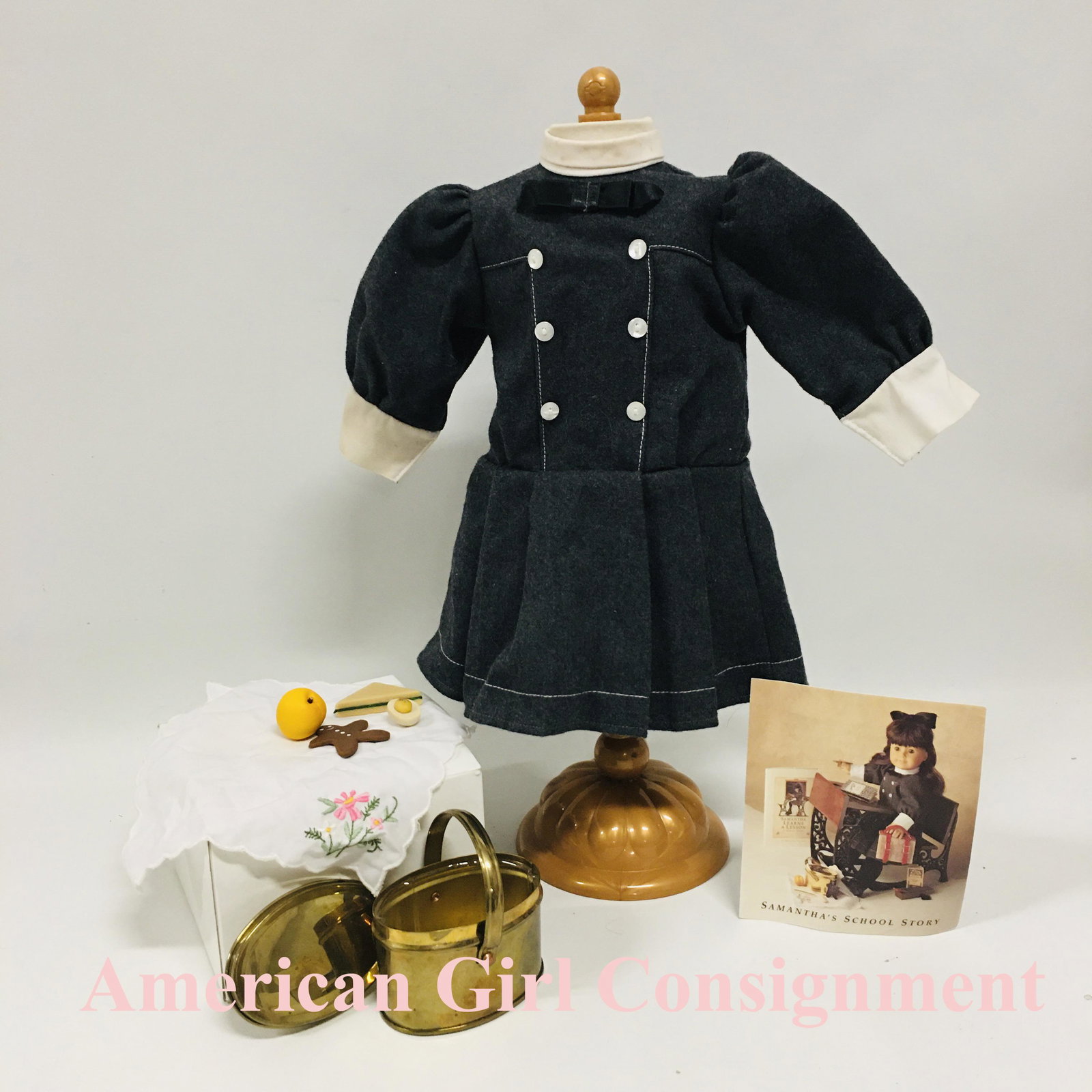 American Girl Doll Samantha Buster Brown School Dress and Lunchbox: American Girl Doll Samantha Buster Brown School Dress and Tea Tin Lunchbox with contents ------------------ please review all pictures carefully because they are part of the description and show condi