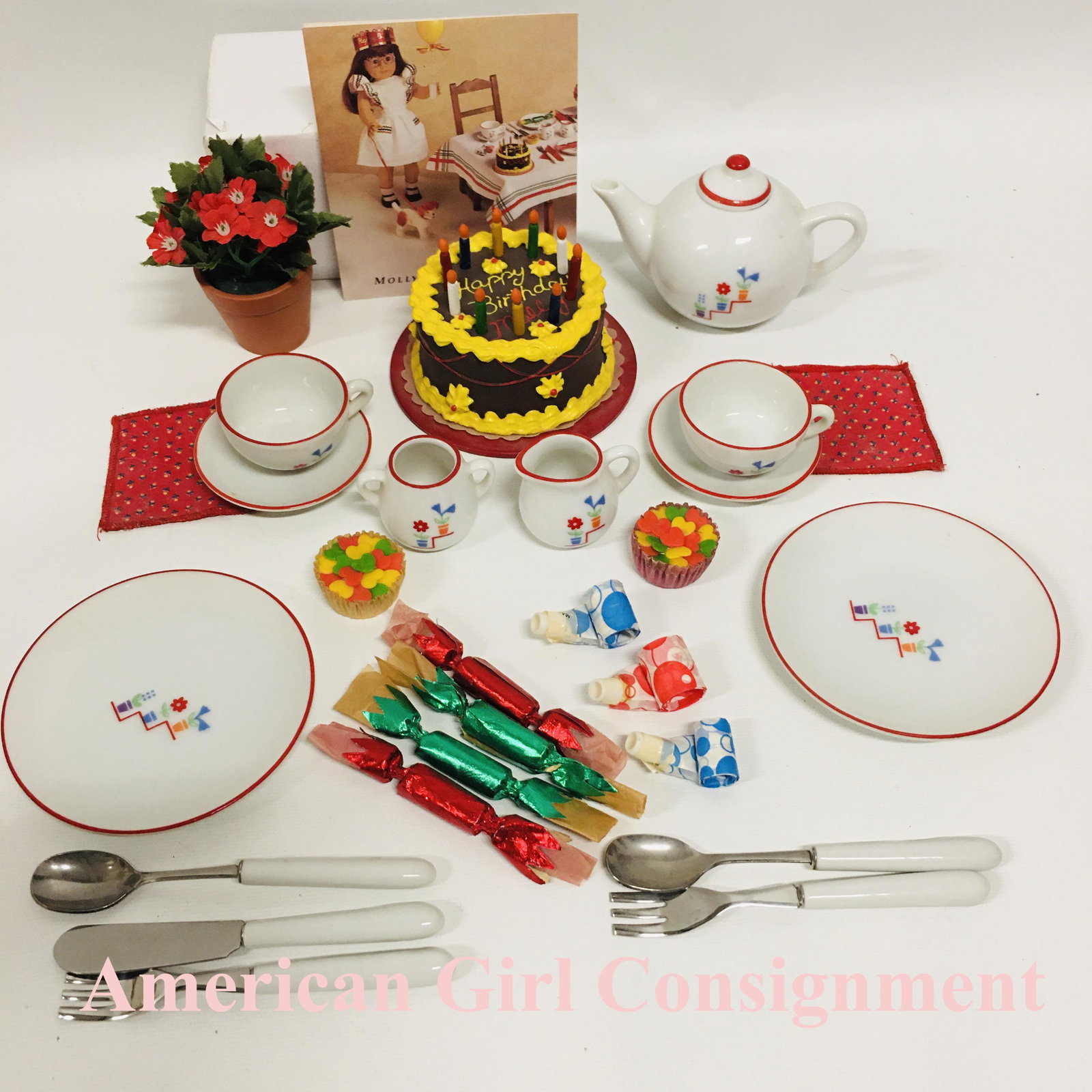 American Girl Doll Molly China Tea Set and Party Treats: American Girl Doll Molly China Tea Set and Party Treats ------------------ please review all pictures carefully because they are part of the description and show condition issues if any --------------