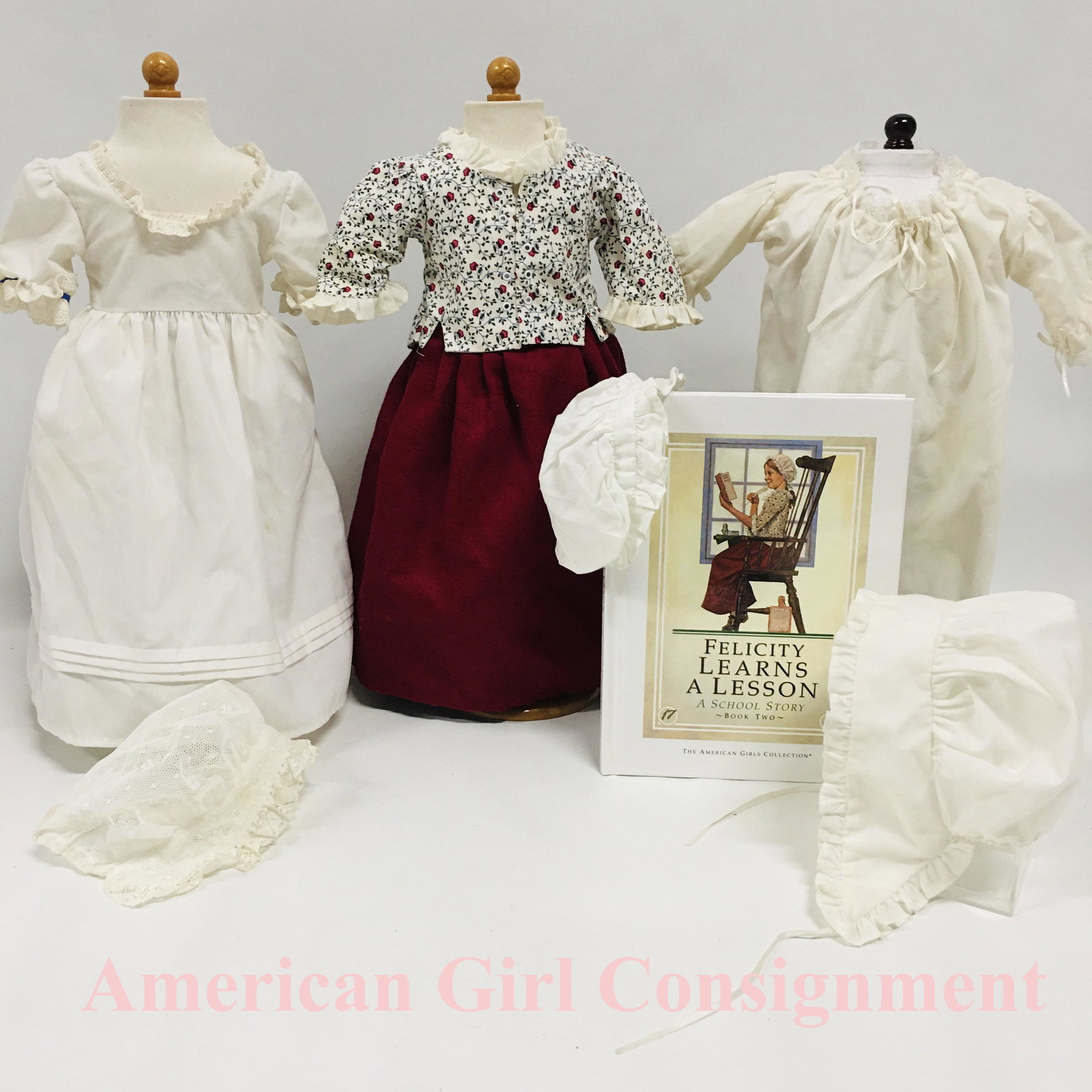 American Girl Doll Felicity Summer Outfit, Laced Jacket and Petticoat: American Girl Doll Felicity Summer Outfit, Nightgown, Book, Laced Jacket and Petticoat. The nightgown and whites are yellowing. ------------------ please review all pictures carefully because they are