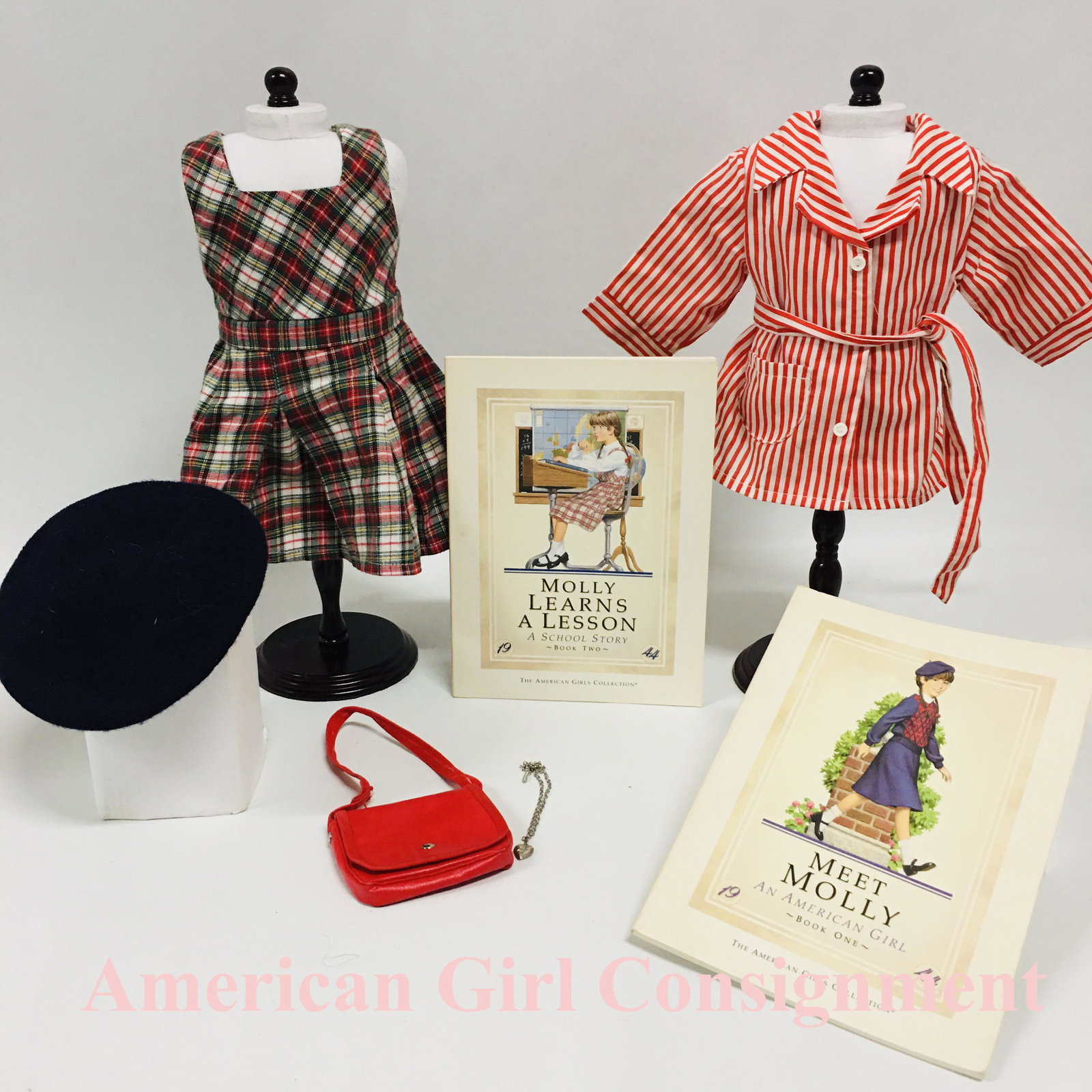American Girl Doll Molly School Dress and Striped Pajamas: American Girl Doll Molly School Dress and Striped Pajamas and more ------------------ please review all pictures carefully because they are part of the description and show condition issues if any ---