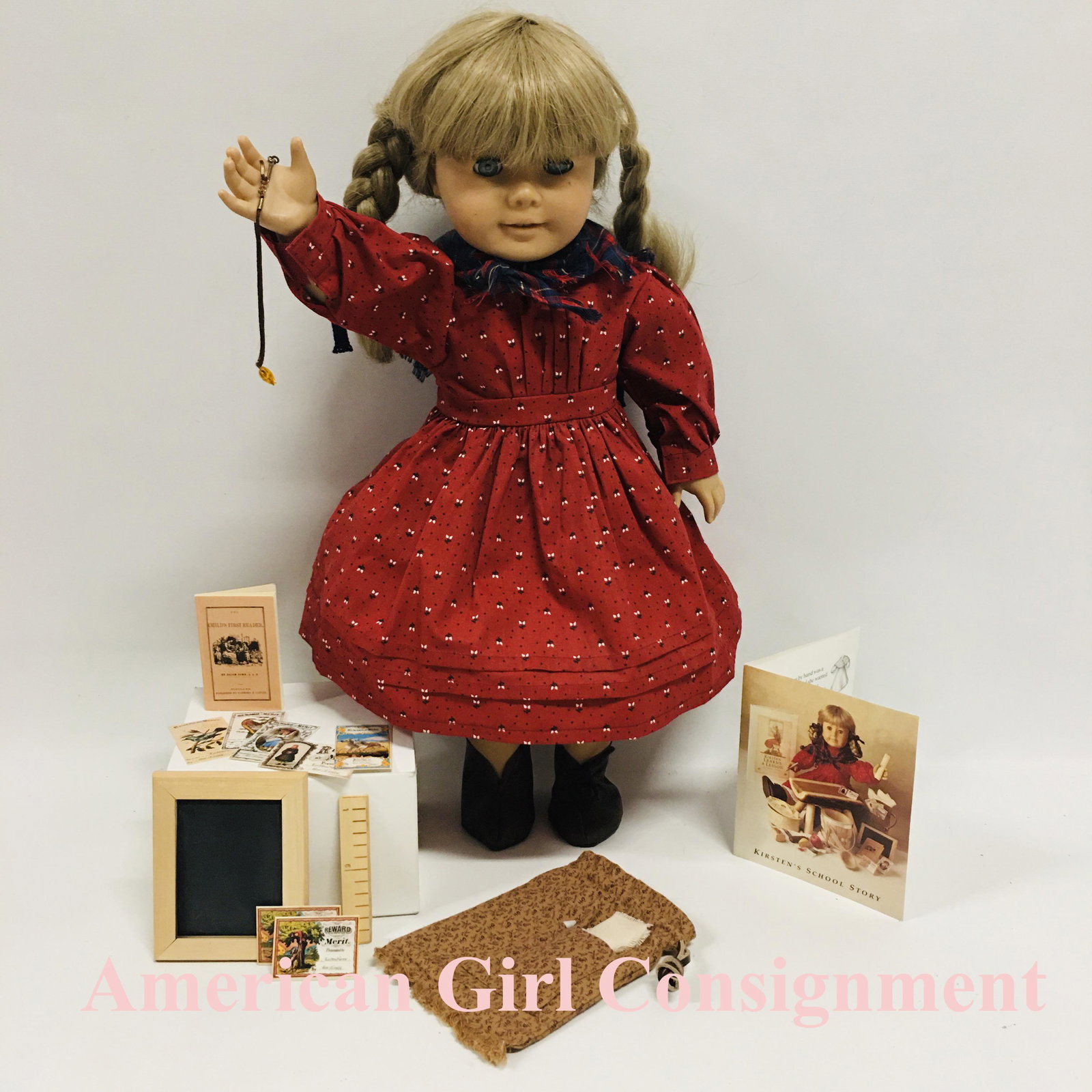 Pleasant Company American Girl Doll Kirsten in School Dress: Pleasant Company American Girl Doll Kirsten in School Dress ------------------ please review all pictures carefully because they are part of the description and show condition issues if any ----------