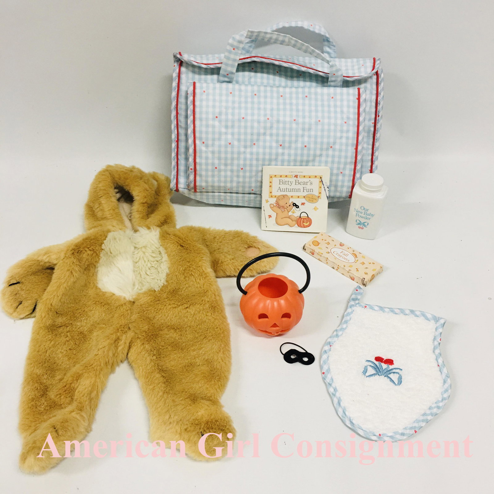 American Girl Doll Bitty Baby Halloween Costume and Diaper Bag: American Girl Doll Bitty Baby Halloween Costume and Diaper Bag ------------------ please review all pictures carefully because they are part of the description and show condition issues if any -------