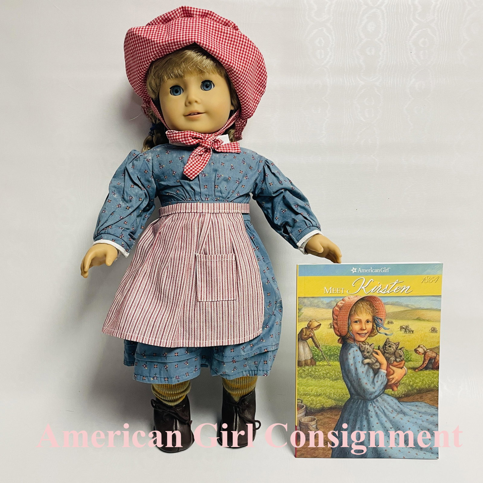 American Girl Doll Kirsten Larson with Book: American Girl Doll Kirsten Larson with Book ------------------ please review all pictures carefully because they are part of the description and show condition issues if any ------------------ please 