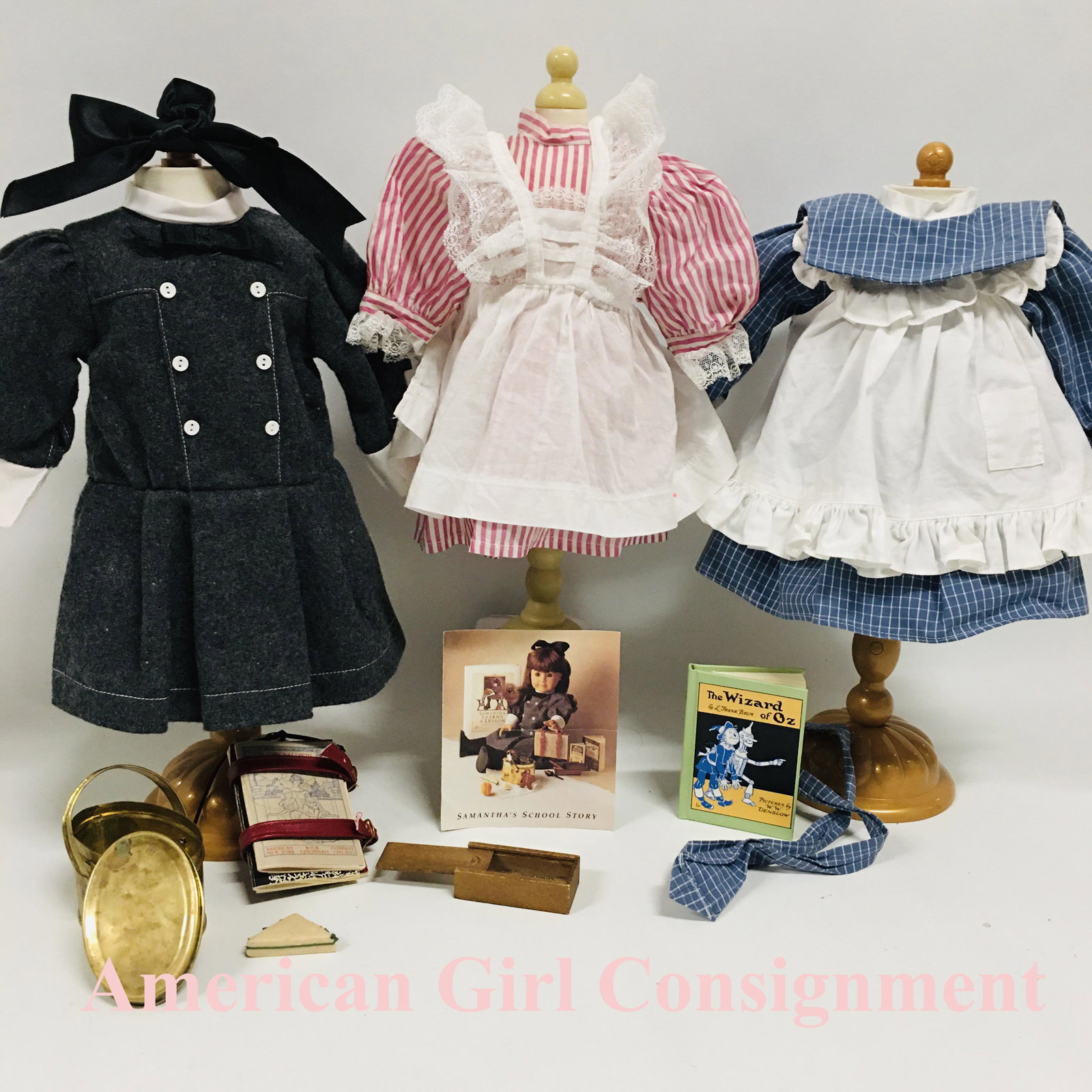 American Girl Doll Samantha School Dress, Play Dress and Pinafore: Samantha School Dress, Play Dress and Pinafore ------------------ please review all pictures carefully because they are part of the description and show condition issues if any ------------------ plea
