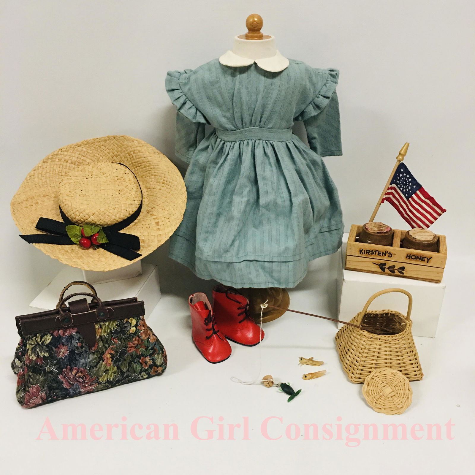 American Girl Doll Kirsten Work Dress, Carpet Bag, Fishing and 4th July Fun Set (1 of 8)