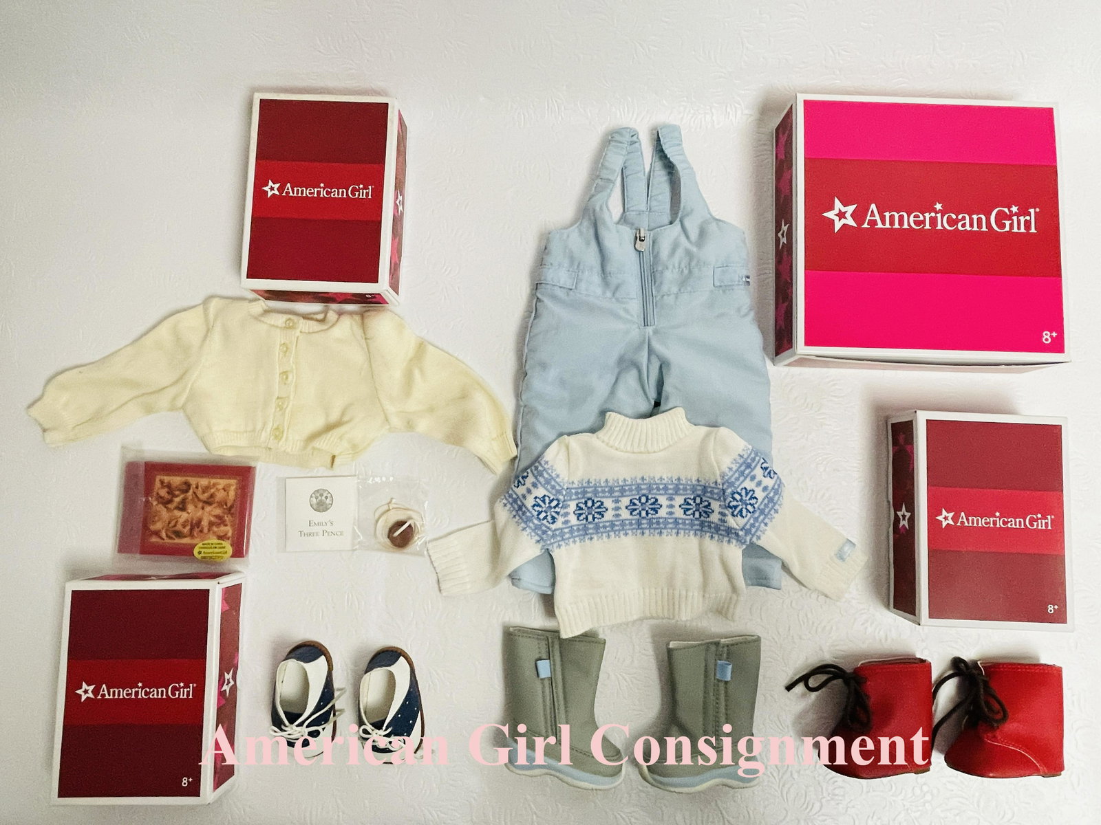 American Girl Doll Historical Kirsten, Molly, Emily Items with Boxes: American Girl Doll Historical Kirsten red boots, Molly saddle shoes, Emily sweater, and Chrissa Snow Outfit with Boxes ------------------ please review all pictures carefully because they are part of