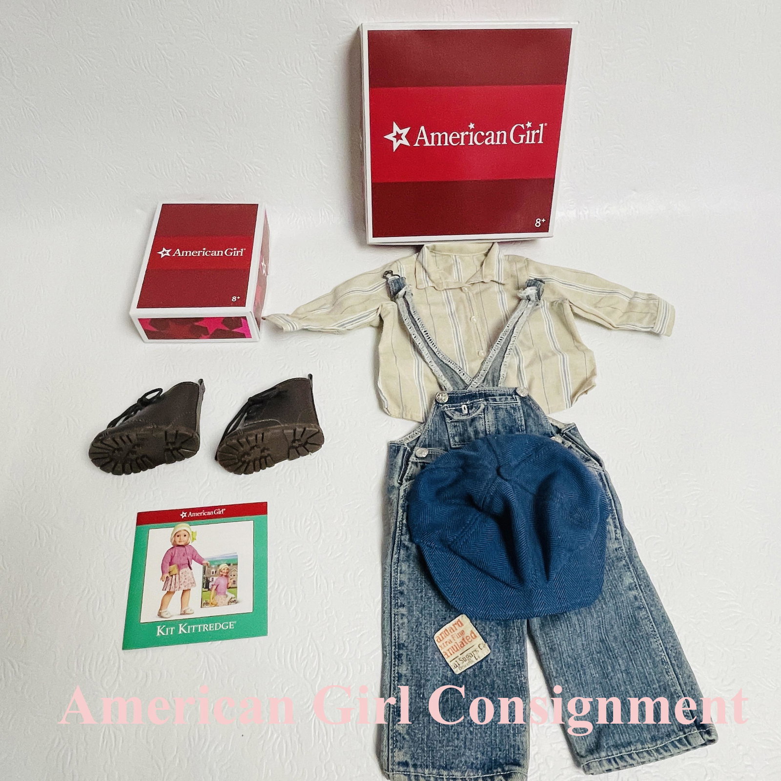 American Girl Doll Kit Overalls Outfit and Work Boots with Boxes: American Girl Doll Kit Overalls Outfit and Work Boots with Boxes ------------------ please review all pictures carefully because they are part of the description and show condition issues if any -----