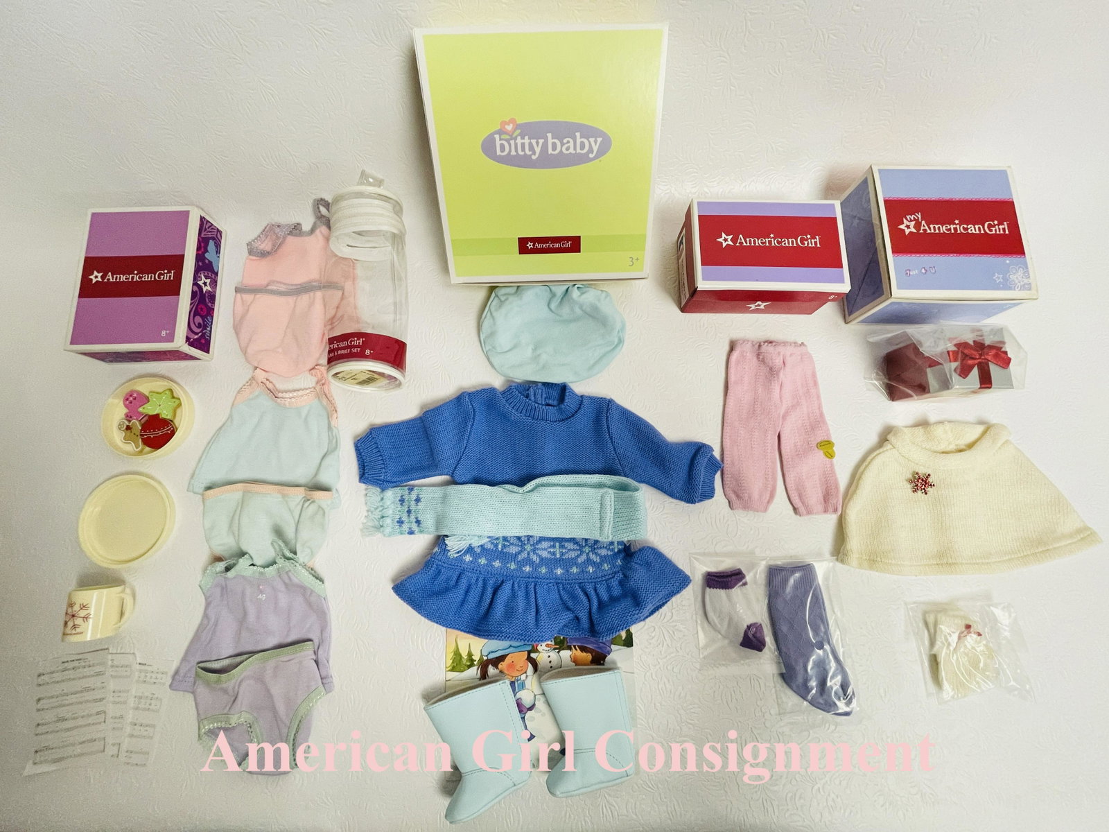American Girl Doll Holiday Treats and Bitty Baby Fair Isle with Boxes: American Girl Doll Holiday Treats and Bitty Baby Fair Isle with Boxes and more ------------------ please review all pictures carefully because they are part of the description and show condition issue