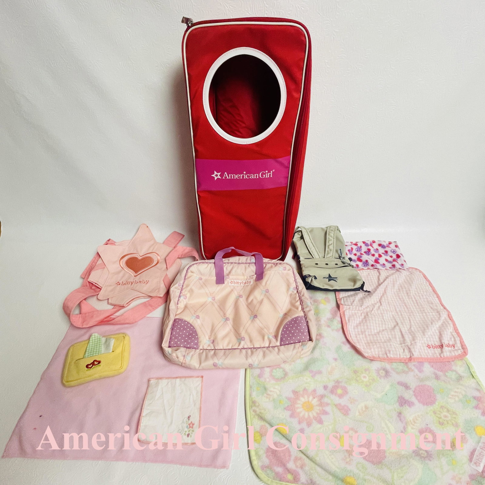 American Girl and Bitty Baby Doll Carriers and Accessories: American Girl and Bitty Baby Doll Carriers and Accessories ------------------ please review all pictures carefully because they are part of the description and show condition issues if any -----------