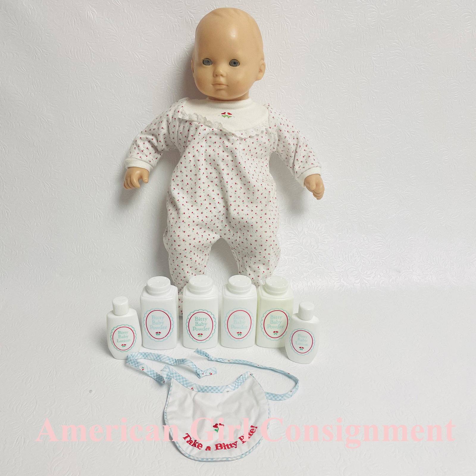 American Girl Bitty Baby Doll with Bib and Care Bottles: American Girl Bitty Baby Doll with Bib and Care Bottles ------------------ please review all pictures carefully because they are part of the description and show condition issues if any --------------