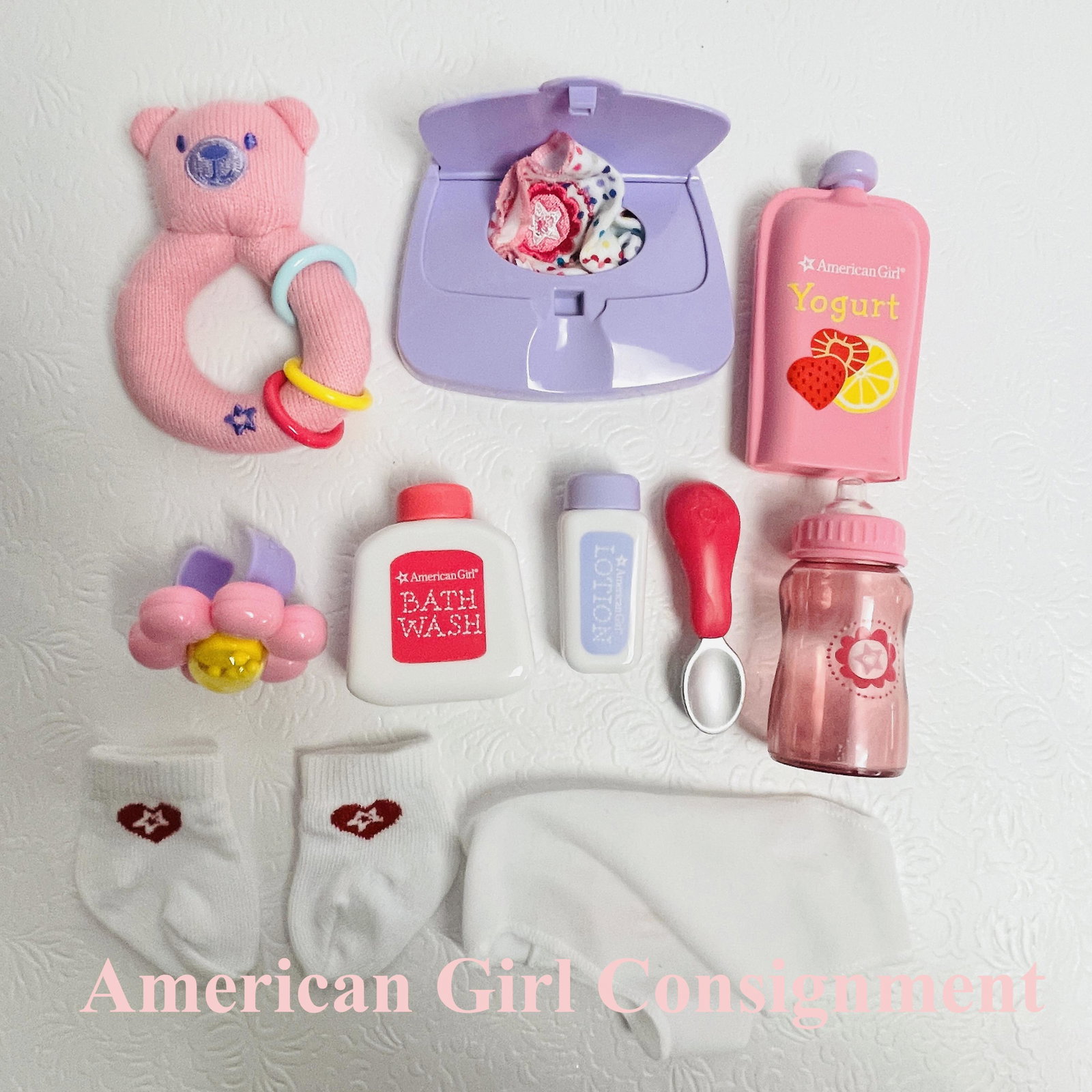 American Girl Doll Bitty Baby Socks, Care Bottles and Accessories: American Girl Doll Bitty Baby Socks, Care Bottles and Accessories ------------------ please review all pictures carefully because they are part of the description and show condition issues if any ----