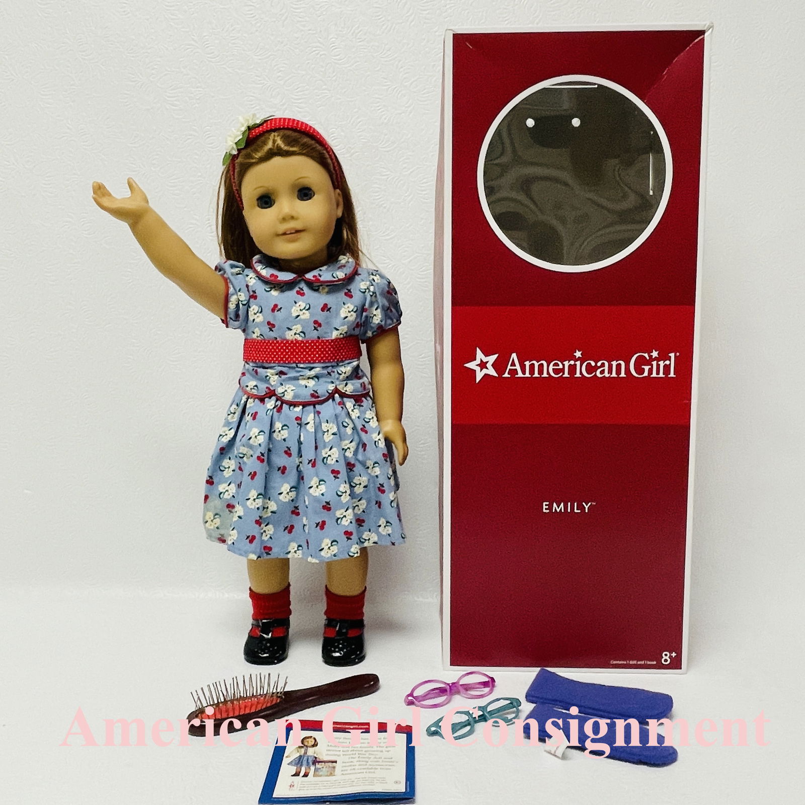 American Girl Doll Emily Bennett with Box, brush and eyeglasses: American Girl Doll Emily Bennett with Box, brush and eyeglasses ------------------ please review all pictures carefully because they are part of the description and show condition issues if any ------