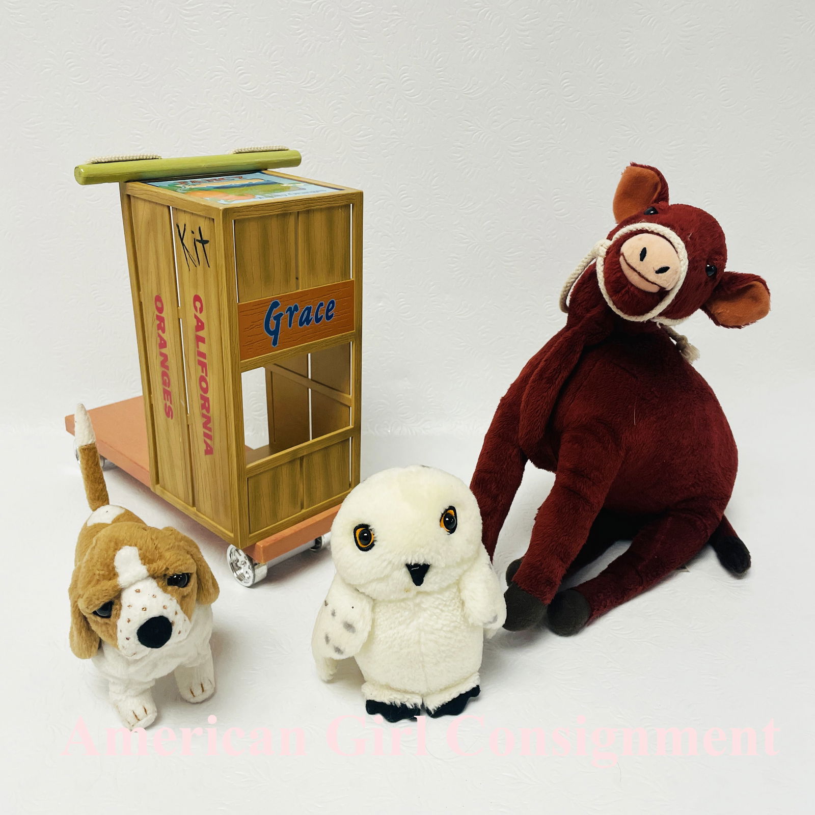 American Girl Doll Kit Scooter, Dog Grace, Owl and Caroline Calf: American Girl Doll Kit Scooter, Dog Grace, Owl and Caroline Calf Garnet ------------------ please review all pictures carefully because they are part of the description and show condition issues if an