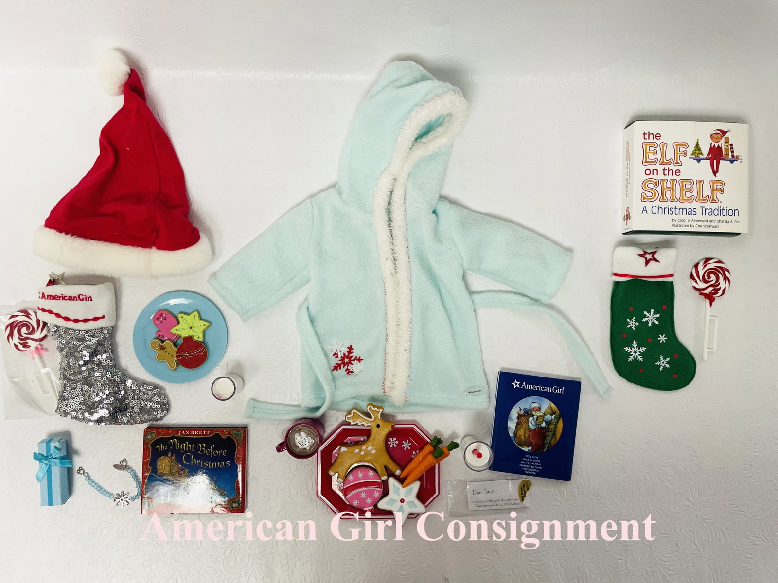 American Girl Doll Christmas Collection with Elf on Shelf: American Girl Doll Christmas Collection with Elf on Shelf ------------------ please review all pictures carefully because they are part of the description and show condition issues if any ------------