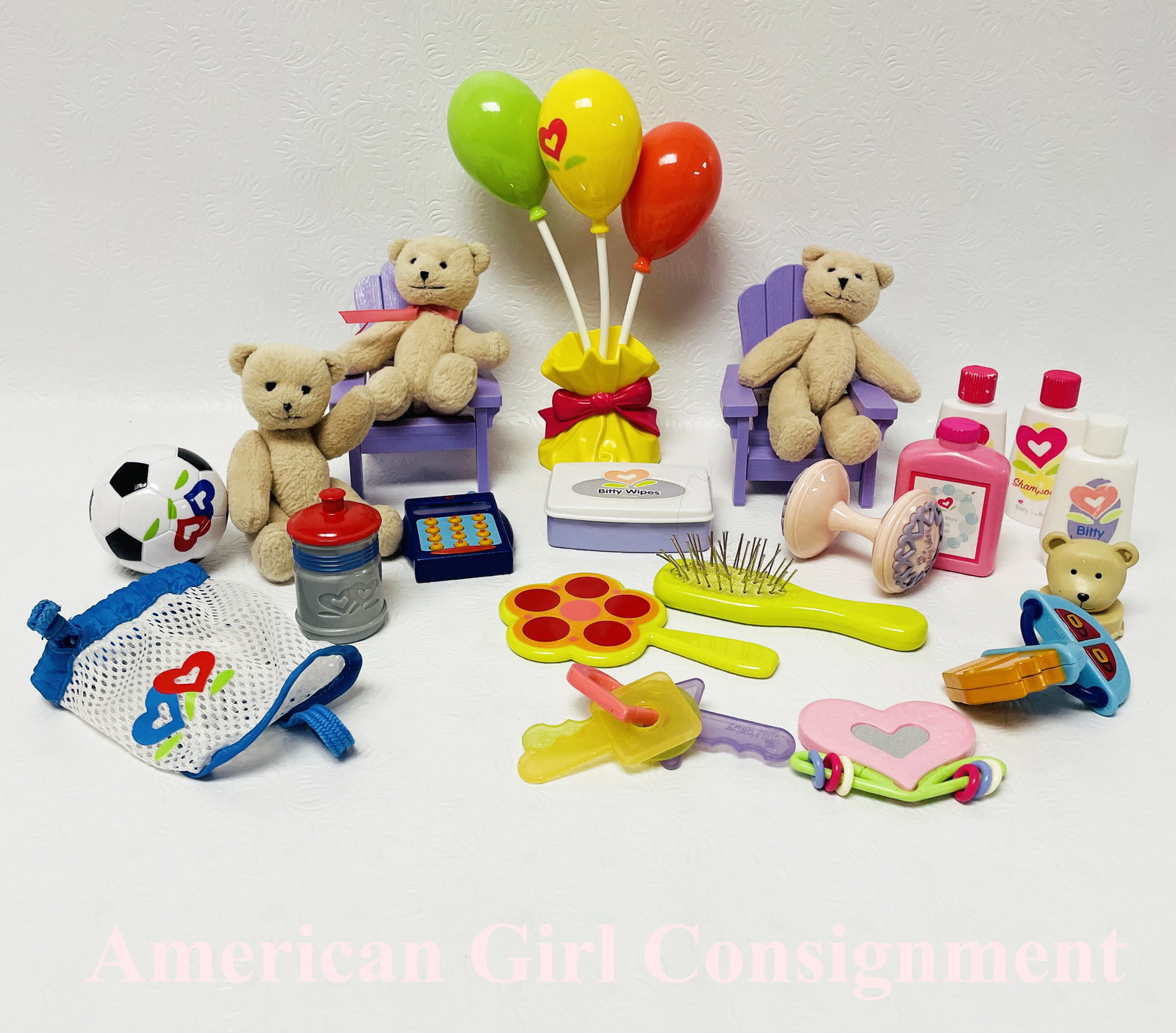 American Girl Doll Bitty Baby Party Accessories and Bitty Bear: American Girl Doll Bitty Baby Party Accessories and three Bitty Bears ------------------ please review all pictures carefully because they are part of the description and show condition issues if any 