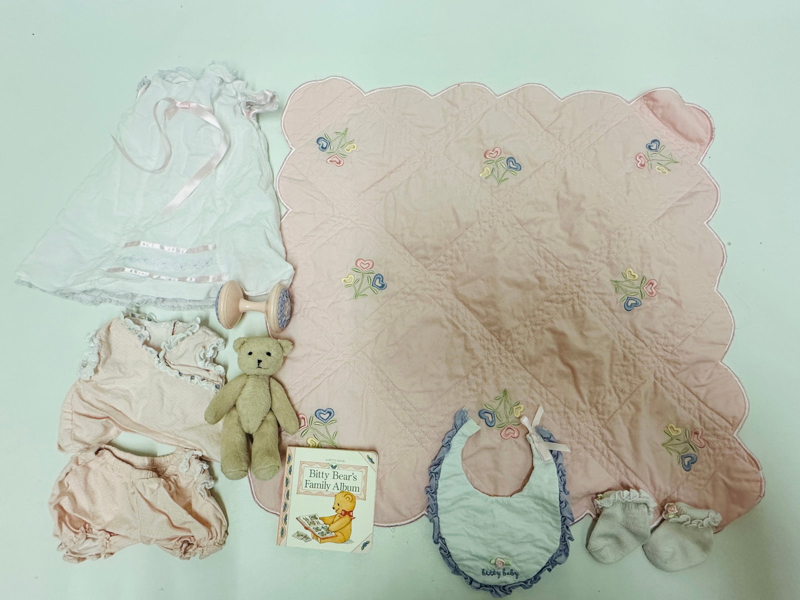 American Girl Doll Bitty Baby Grouping: American Girl Doll Bitty Baby Grouping, wrinkled from storage ------------------ please review all pictures carefully because they are part of the description and show condition issues if any --------