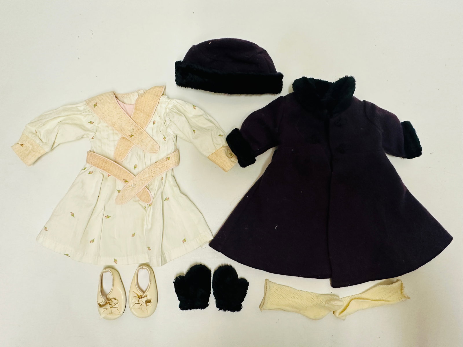 American Girl Doll Samantha Spring Party Dress and Plum Winter Coat: American Girl Doll Samantha Spring Party Dress and Plum Winter Coat ------------------ please review all pictures carefully because they are part of the description and show condition issues if any --