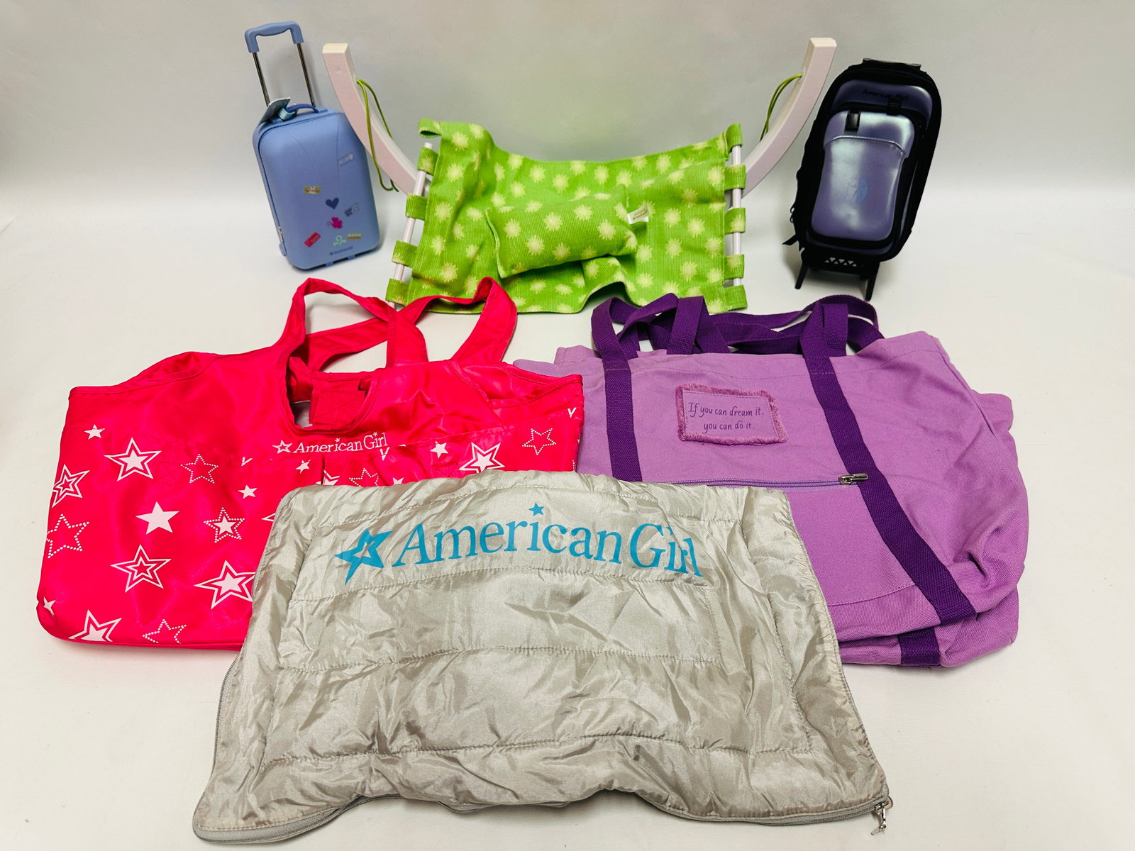 American Girl Doll Truly Me Sleeping Bags, Suitcases and Lanie Hammock: American Girl Doll Lanie Hammock and Truly Me Sleeping Bags, Suitcases and Bags ------------------ please review all pictures carefully because they are part of the description and show condition issu