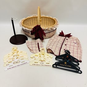 American Girl Doll Pleasant Company Basket, Garment Bag and Hangers
