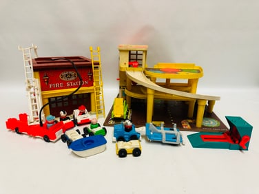 Two Vintage FISHER PRICE Playsets, Fire Station and Parking Garage