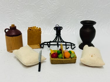Kitchen Essentials, Jug, Sacks of Flour and Basket of Fruit