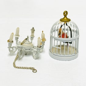 Birdcage with Parrot and six arm Chandelier