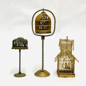 Group of Three Brass Birdcages, two on Stands