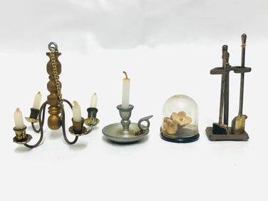 Chandelier, Candlestick, Cloche Flowers and Fireplace Tools