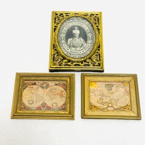 Framed World Maps and Portrait in Ornate Frame
