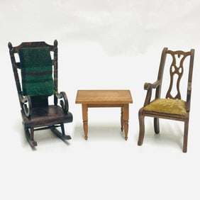 Antique Rocker, Side Table and Chippendale Chair marked Shackman