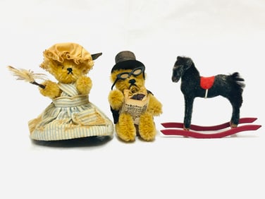 Two Antique Mohair Teddy Bears and Rocking Horse