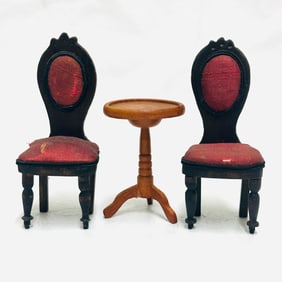 Pair Hand Carved Victorian Side Chairs and Pedestal Table