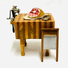 Butcher Block Table with Utensils, Ham and Washboard