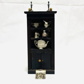 Antique Corner Cupboard filled with Silver Holloware and Candleholders