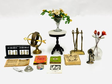 Dollhouse Miniatures Grouping with Marble top Stand and Compass