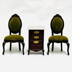 Pair Sonia Messer Side Chairs and Marble Top Cabinet