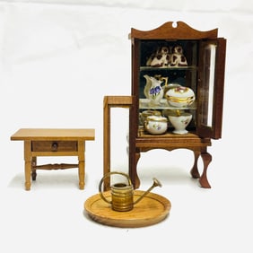 Glass Front Cabinet with Staffordshire Porcelain and Side Table