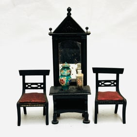 Dollhouse Miniatures, Shackman Cabinet and Side Chairs