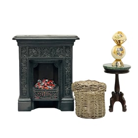 Fireplace, Wire Basket, Pedestal Table and Lamp