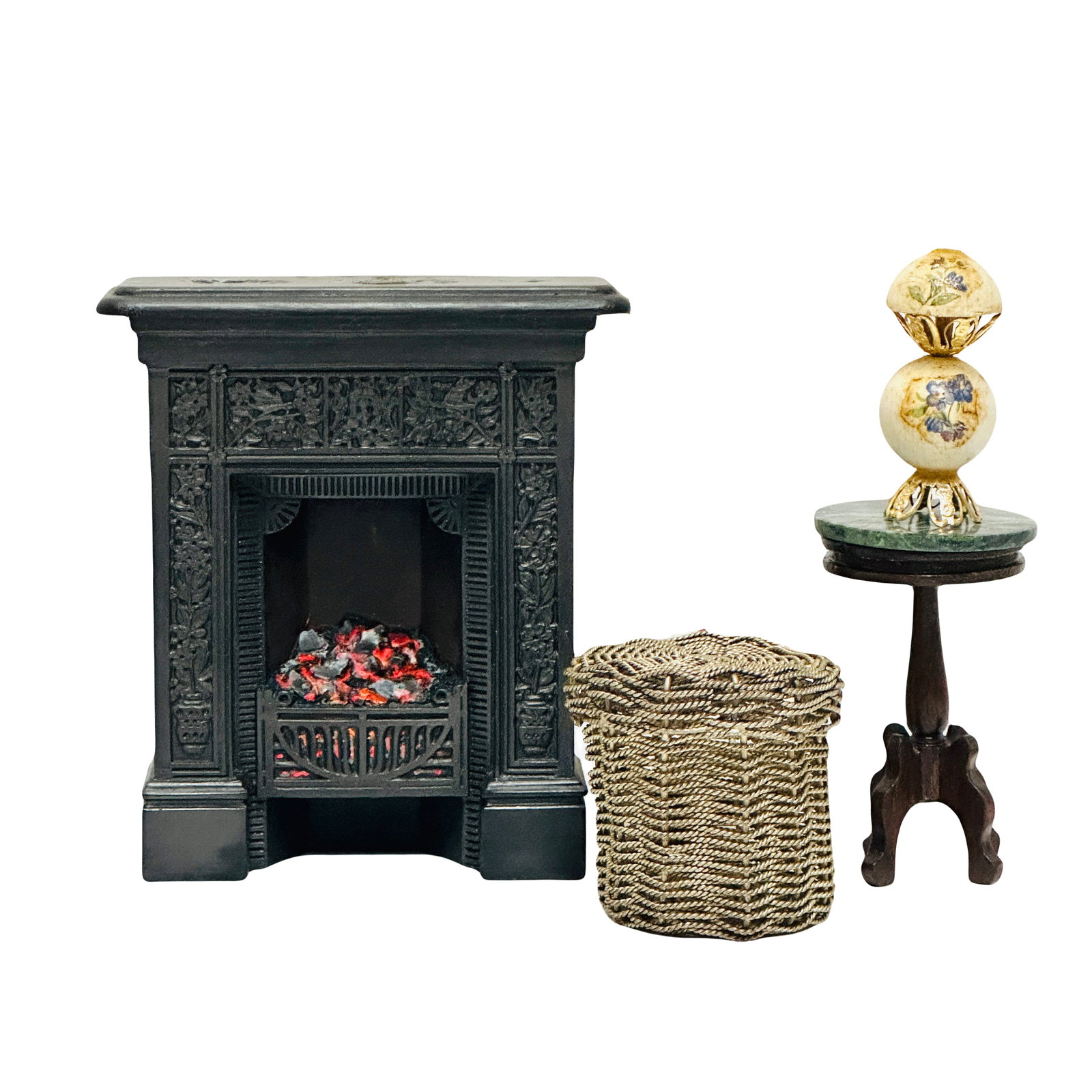 Fireplace, Wire Basket, Pedestal Table and Lamp (1 of 11)