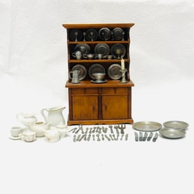 Antique Cupboard, Pewter and Porcelain Dinnerware