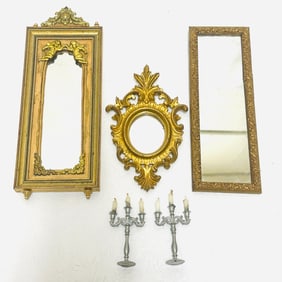 Three Ornate Mirrors and Pair of Candelabra