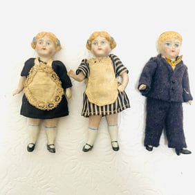 All Bisque Brother and Two Sister Dollhouse Dolls