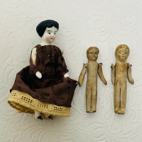 Antique Frozen Charlotte and Tiny all Bisque Dollhouse Dolls