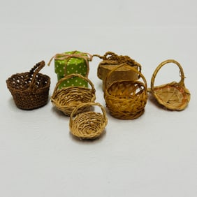 Group of Dollhouse Miniature Woven Baskets and Hatbox