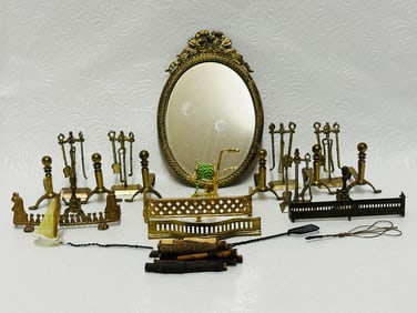Ornate Oval Gold Mirror and Multiple Fireplace Tools and Fender