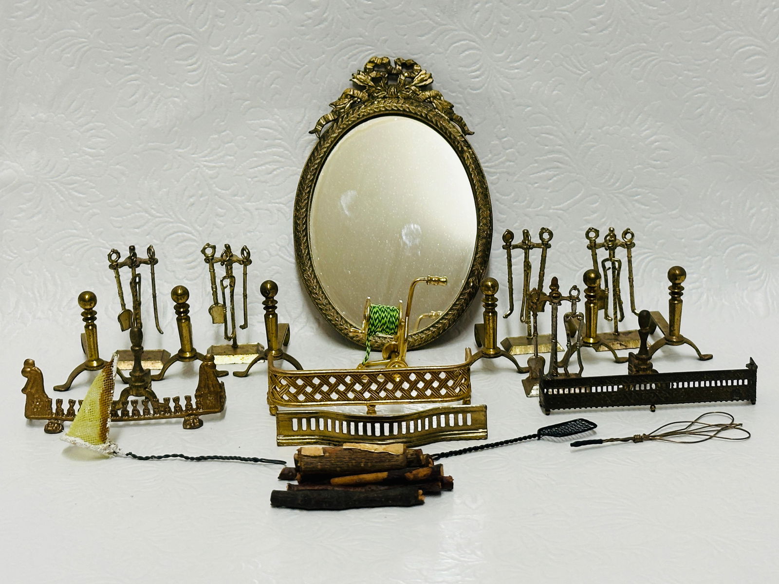 Ornate Oval Gold Mirror and Multiple Fireplace Tools and Fender (1 of 6)