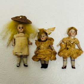 Three Antique All Bisque Young Girl Dollhouse Dolls